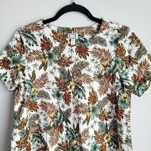 Mo:Vint Cream Floral Leaves Linen Cotton Blend Vintage Boho Swing Flared Top - Picture 3 of 8
